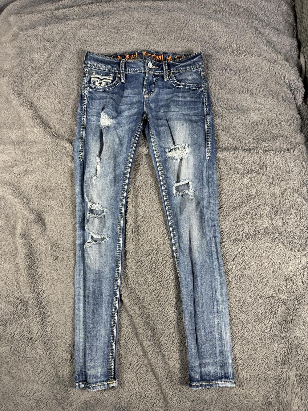 Rock Revival Abrienda Jeans Womens 24 Blue Medium Wash Skinny Distressed Stretch
